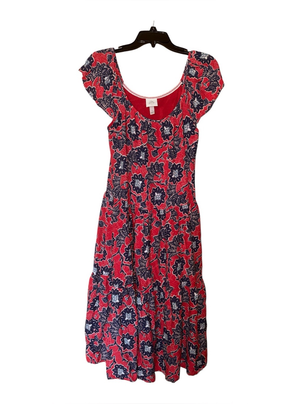 Knox Rose Floral Print Midi Dress Small Boho Peasant Flutter Sleeve Pockets Red